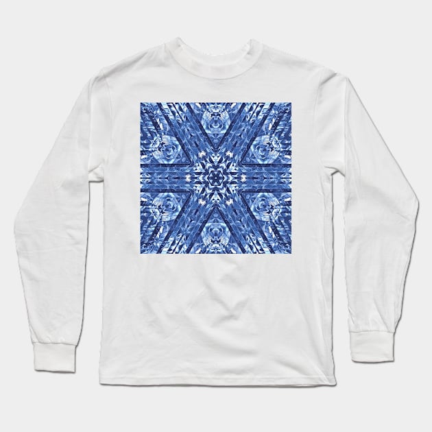 radial snowflake style pattern and design hexagonal kaleidoscopic style in shades of BLUE Long Sleeve T-Shirt by mister-john